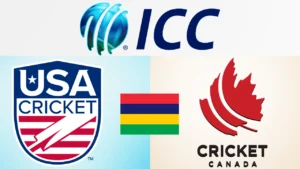ICC logo alongside USA Cricket and Cricket Canada logos with the Mauritius flag, representing international cricket governance and member associations.