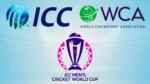 ICC, World Cricketers' Association (WCA), and ICC Men's Cricket World Cup logos displayed together, representing player rights, international cricket governance, and global cricket tournaments.