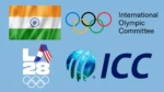 India flag displayed alongside the LA28 Olympics, International Olympic Committee (IOC) and International Cricket Council (ICC) logos, representing India's involvement in cricket at the 2028 Los Angeles Olympic Games.