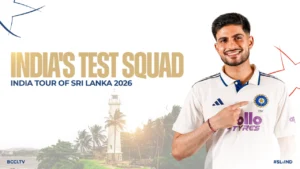 Promotional graphic for India's Test squad for the 2026 tour of Sri Lanka, featuring an India cricketer in the Test jersey alongside tour branding.