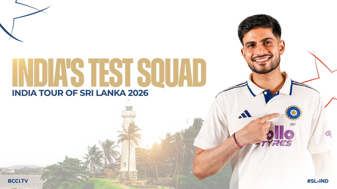 Promotional graphic for India's Test squad for the 2026 tour of Sri Lanka, featuring an India cricketer in the Test jersey alongside tour branding.
