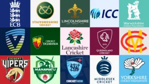 Collage featuring logos of international, national, and domestic cricket organizations and clubs, including the ECB, ICC, Cricket Tasmania, Queensland Cricket, Lancashire Cricket, Middlesex Cricket, Cricket NSW, Lincolnshire Cricket, Staffordshire Cricket, Warwickshire Cricket Foundation, Yorkshire Cricket Foundation, Victoria Cricket, Manawatu Cricket, and Desert Vipers.