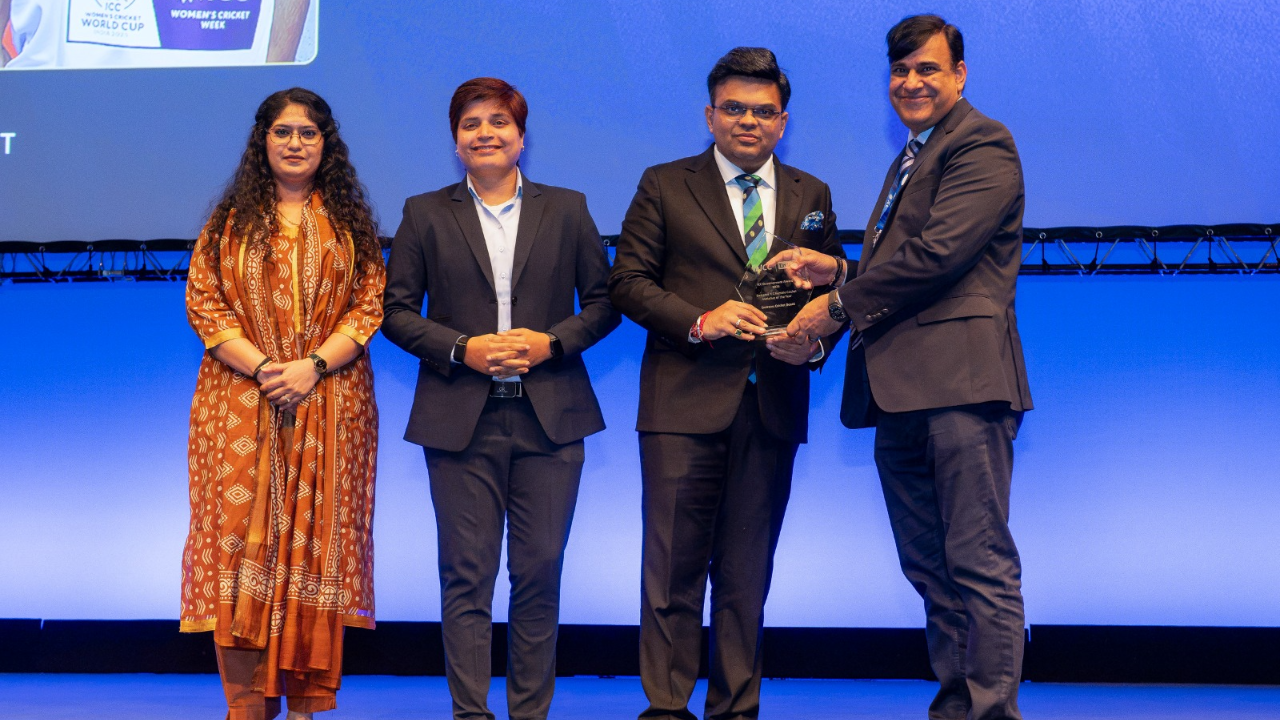 ICC Chairman Jay Shah presents an ICC Development Awards 2025 trophy to Emirates Cricket Board representatives after the board won three ICC Development Awards for excellence in global cricket development initiatives.