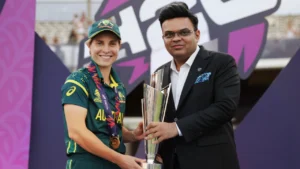 ICC Chairman Jay Shah presents the ICC Women's T20 World Cup trophy to Australia captain Sophie Molineux during the post-final presentation ceremony.