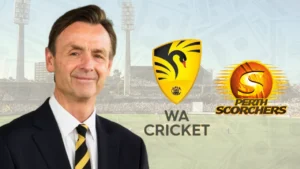 John Stephenson pictured with the WA Cricket and Perth Scorchers logos at the WACA Ground, illustrating financial and administrative matters involving Western Australian cricket.
