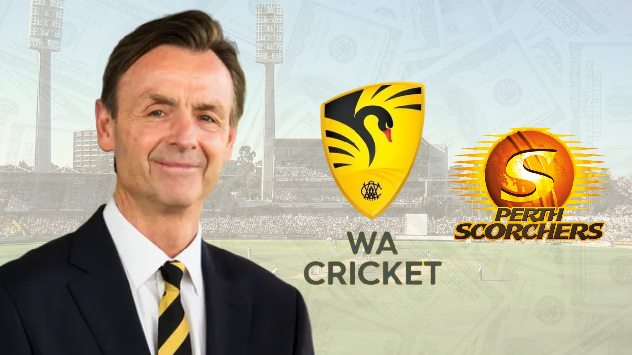John Stephenson pictured with the WA Cricket and Perth Scorchers logos at the WACA Ground, illustrating financial and administrative matters involving Western Australian cricket.