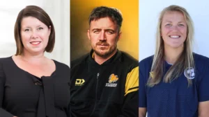 Portrait collage featuring Julie Harrington, Trent Keep and Lauren Rowles, highlighting three prominent figures in cricket administration, coaching and player development.