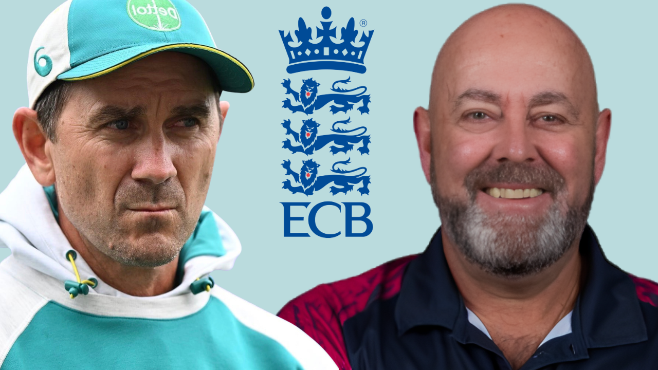 Justin Langer and Darren Lehmann alongside the ECB logo in a graphic related to England men's cricket coaching and the England and Wales Cricket Board.