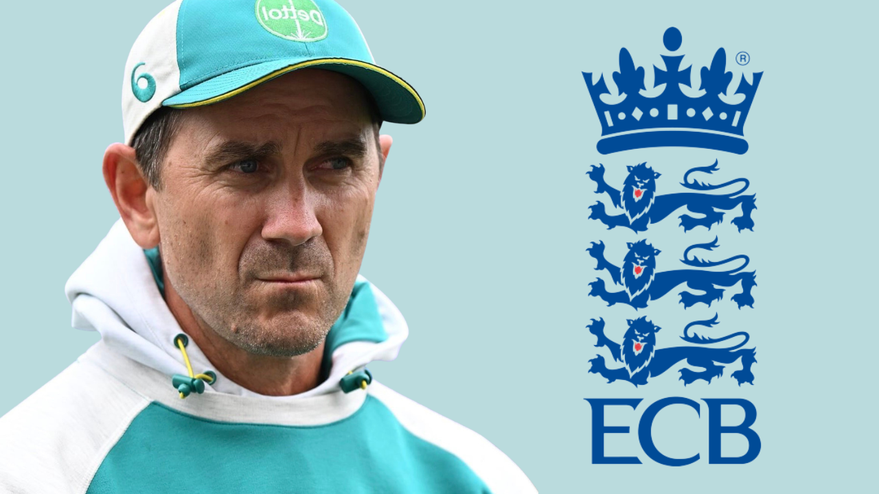 Former Australia coach Justin Langer alongside the England and Wales Cricket Board (ECB) logo amid speculation over the England men's head coach role.