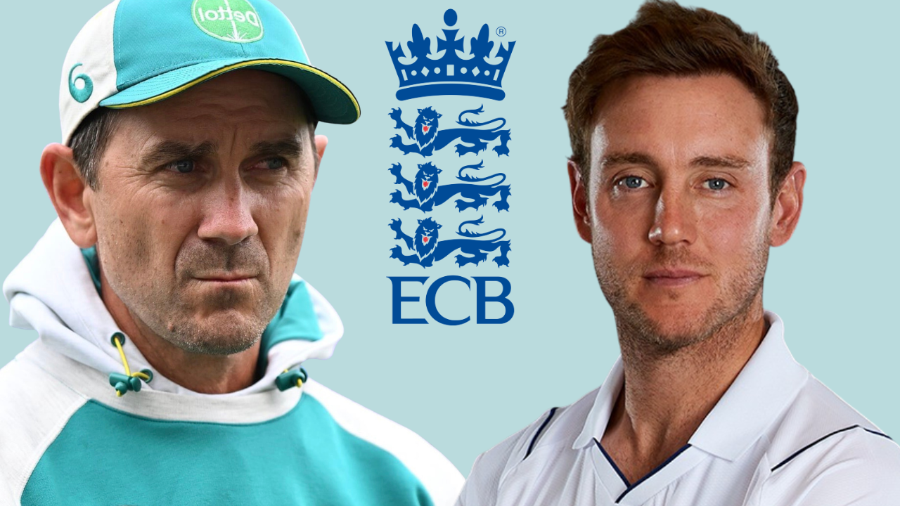 Justin Langer and Stuart Broad alongside the England and Wales Cricket Board (ECB) logo, representing England men's cricket coaching and leadership.
