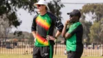 Zimbabwe men's cricket coaches Justin Sammons and Stuart Matsikenyeri observe players during a training session ahead of an international cricket match.
