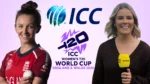 England cricketer Kate Cross and former England spinner Alex Hartley alongside the ICC and ICC Women's T20 World Cup England and Wales 2026 logos.