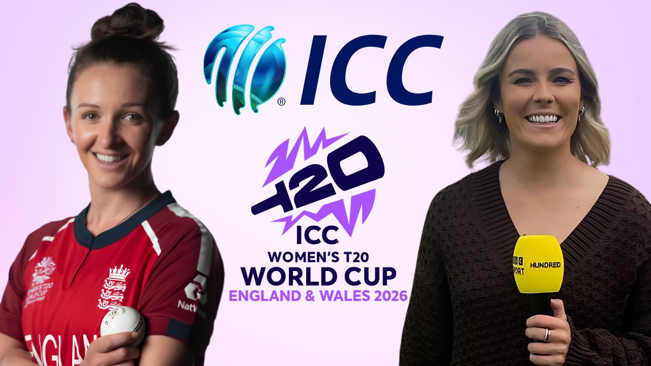 England cricketer Kate Cross and former England spinner Alex Hartley alongside the ICC and ICC Women's T20 World Cup England and Wales 2026 logos.