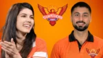 Sunrisers franchise owner Kavya Maran and Pakistan cricketer Abrar Ahmed pictured with the Sunrisers Leeds logo, representing news related to The Hundred team ownership, player signings, or franchise developments.