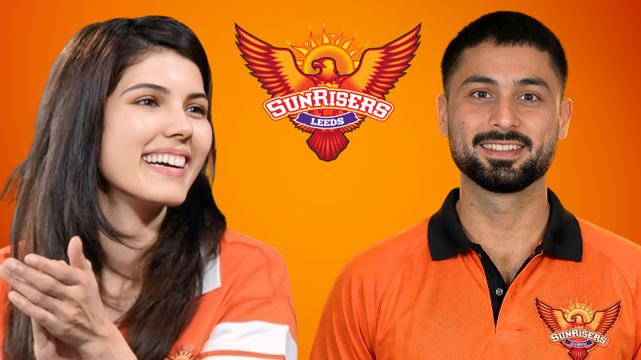 Sunrisers franchise owner Kavya Maran and Pakistan cricketer Abrar Ahmed pictured with the Sunrisers Leeds logo, representing news related to The Hundred team ownership, player signings, or franchise developments.