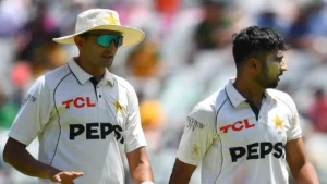 Pakistan fast bowlers Khurram Shahzad and Mohammad Abbas during a Test cricket match representing the Pakistan national cricket team.
