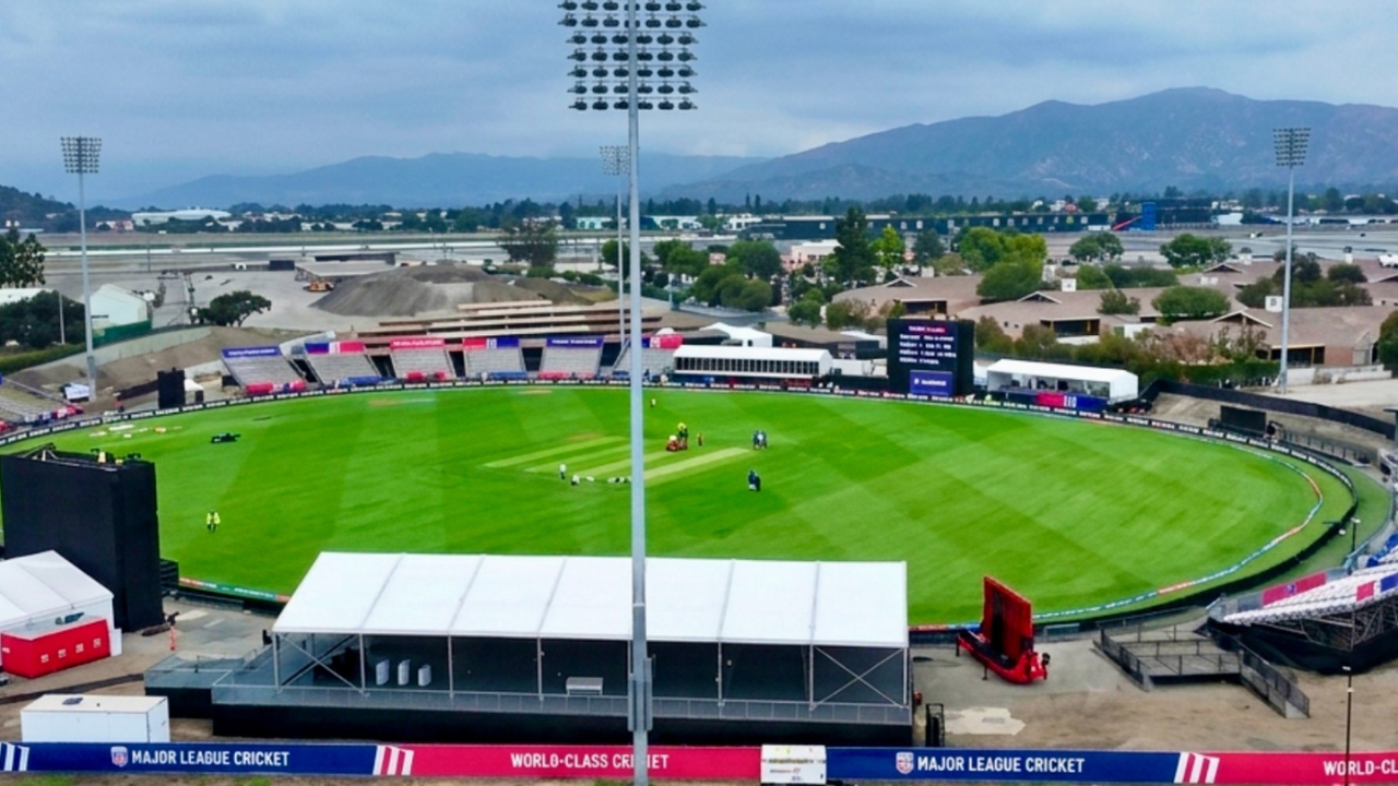 Aerial view of Knight Riders Cricket Ground in Los Angeles, a Major League Cricket venue prepared for a professional cricket match.