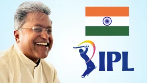 Former IPL chairman Lalit Modi alongside the Indian national flag and the Indian Premier League (IPL) logo, representing his association with India's premier T20 cricket tournament.