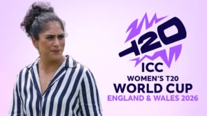 Lisa Sthalekar alongside the ICC Women's T20 World Cup 2026 logo for the tournament to be held in England and Wales.