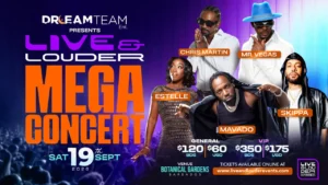 Promotional poster for the Live & Louder Mega Concert in Barbados on September 19, 2026, featuring Mavado, Chris Martin, Mr. Vegas, Estelle, and Skippa.