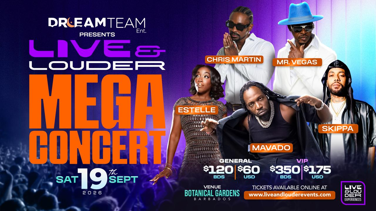 Promotional poster for the Live & Louder Mega Concert in Barbados on September 19, 2026, featuring Mavado, Chris Martin, Mr. Vegas, Estelle, and Skippa.