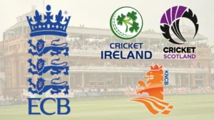 Logos of the England and Wales Cricket Board (ECB), Cricket Ireland, Cricket Scotland and Cricket Netherlands displayed over a background image of Lord's Cricket Ground.