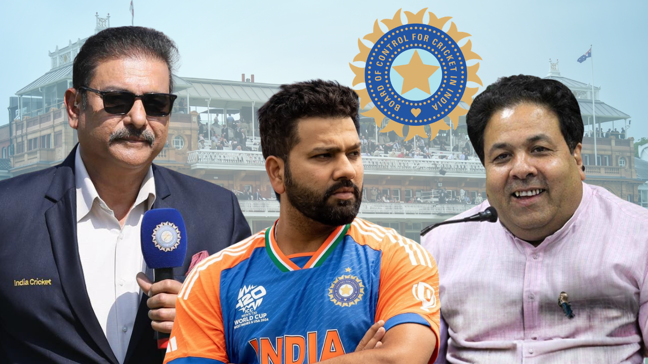 Ravi Shastri, Rohit Sharma and Rajeev Shukla with the BCCI logo at Lord's Cricket Ground in a graphic related to India's Test tour of England and cricket administration.