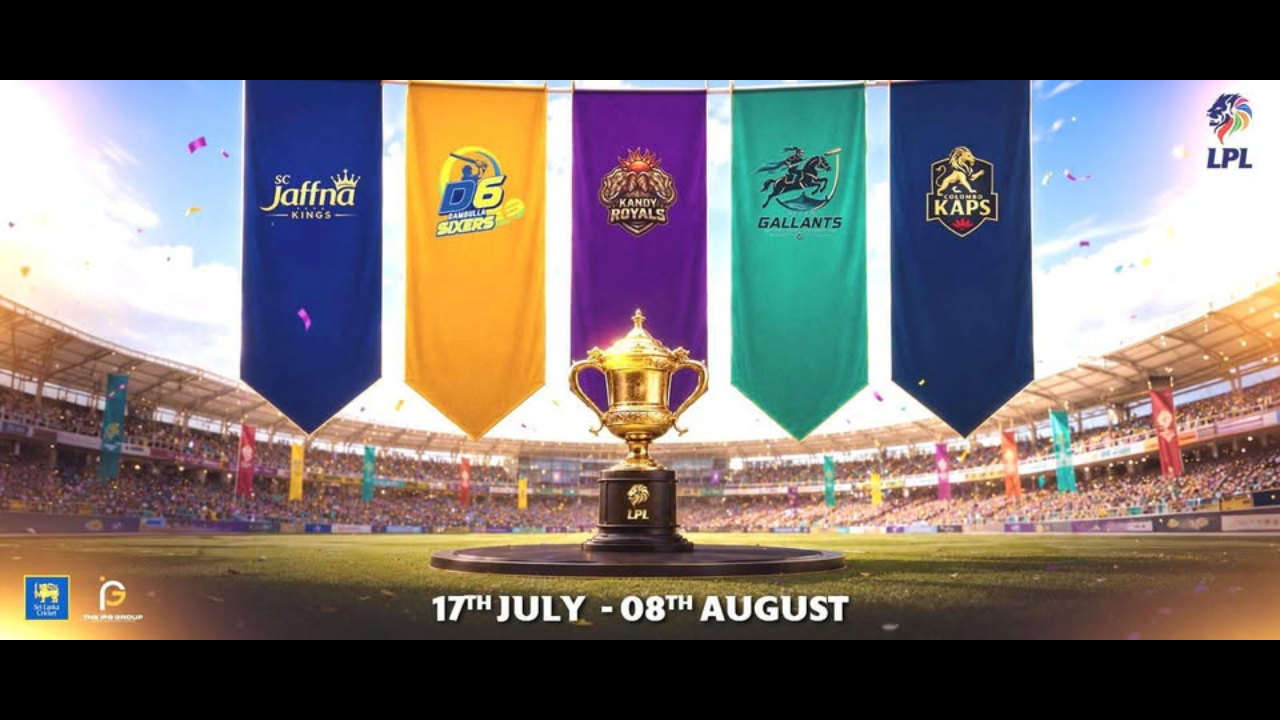 Sri Lanka Premier League 2026 trophy displayed in a stadium with team banners for Jaffna Kings, Dambulla Sixers, Kandy Royals, Galle Titans, and Colombo KAPS ahead of the LPL season.