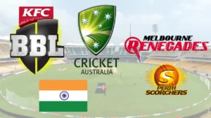 Logos of the Big Bash League (BBL), Cricket Australia, Melbourne Renegades and Perth Scorchers displayed over M.A. Chidambaram Stadium, alongside the Indian flag.