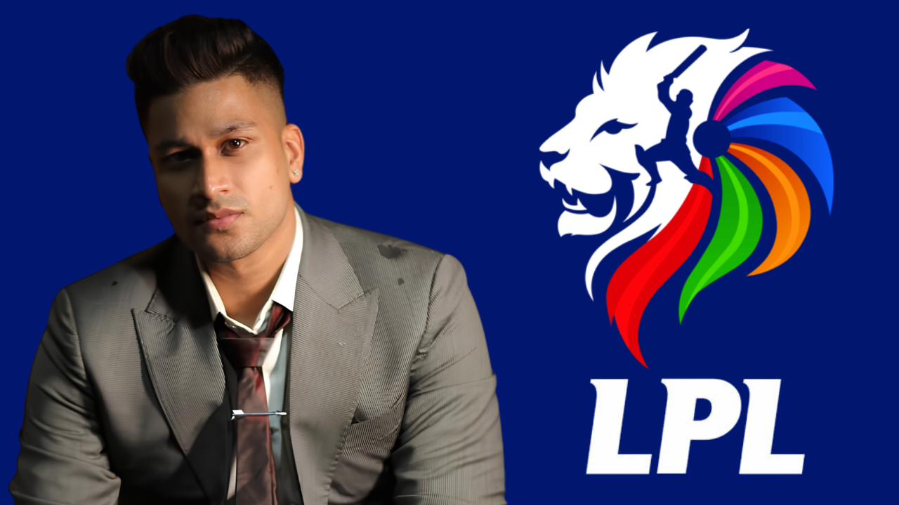 Manjot Kalra pictured alongside the Lanka Premier League (LPL) logo, representing the Indian cricketer's involvement in the Sri Lanka-based T20 cricket tournament.