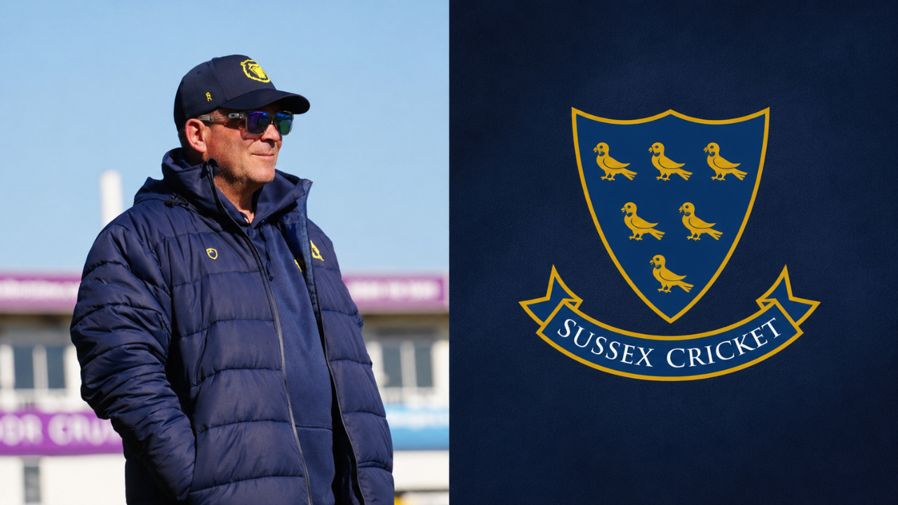 Matt Walker alongside the Sussex Cricket club logo following his appointment as Sussex's head coach, representing the English county cricket club.