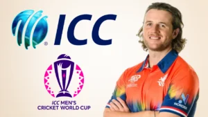 Max O'Dowd featured alongside the ICC logo and ICC Men's Cricket World Cup logo in a graphic about the Netherlands batter and international cricket.