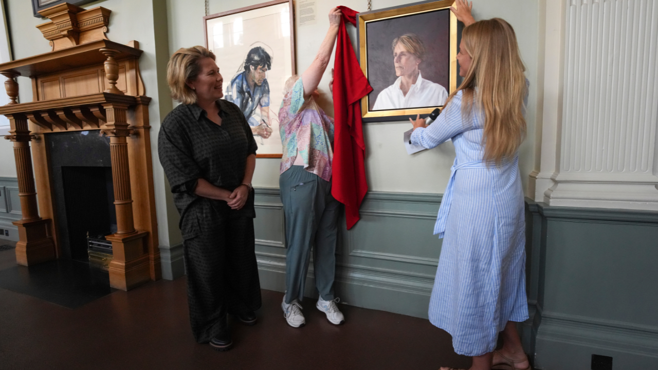 Belinda Clark attends the unveiling of her portrait by Andrew Greensmith as the Melbourne Cricket Club (MCC) unveils new female portraits in its art collection and announces its first female cricketer sculpture.