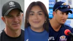 Michael Klinger, Sarah R., and Shane Bond featured in a composite image highlighting prominent figures in international and franchise cricket.
