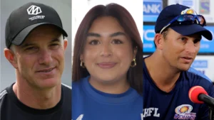 Michael Klinger, Sarah R., and Shane Bond featured in a composite image highlighting prominent figures in international and franchise cricket.