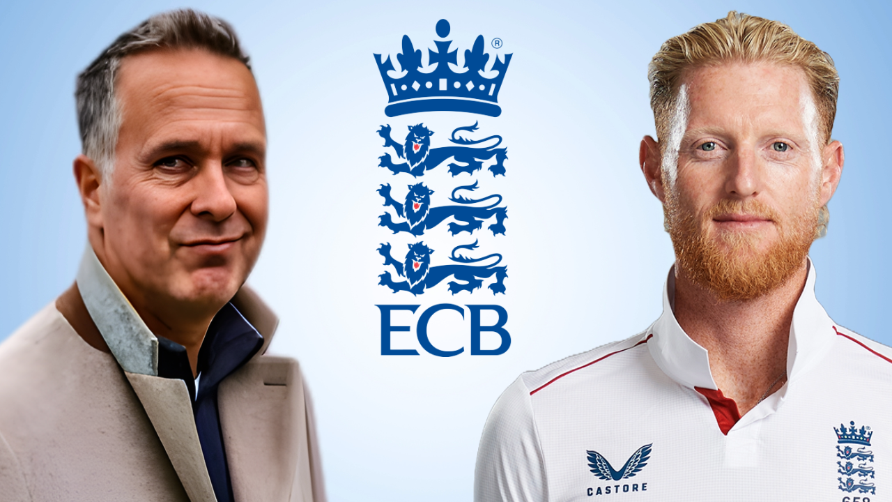 Former England captain Michael Vaughan and England Test captain Ben Stokes alongside the England and Wales Cricket Board (ECB) logo, highlighting English cricket.