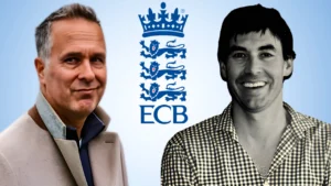 Michael Vaughan and Stephen Fleming alongside the ECB logo amid reports linking Fleming with the England men's Test head coach role.