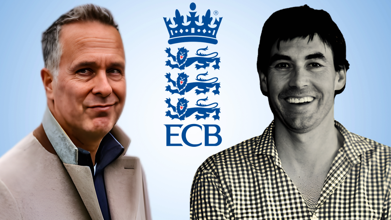Michael Vaughan and Stephen Fleming alongside the ECB logo amid reports linking Fleming with the England men's Test head coach role.