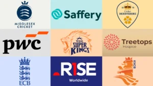 Logos of Middlesex Cricket, Saffery, Derbyshire Cricket, PwC, Texas Super Kings, Treetops Hospice, the England and Wales Cricket Board (ECB), RISE Worldwide, and the Royal Dutch Cricket Association (KNCB) displayed in a grid.