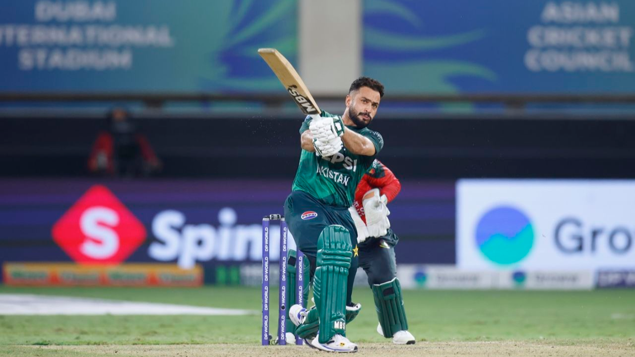 Pakistan all-rounder Mohammad Nawaz plays an attacking batting shot during an Asia Cup match at Dubai International Stadium.