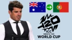 Former Australia all-rounder Moises Henriques alongside the ICC Men's T20 World Cup logo and the Australia and Portugal flags, highlighting his international cricket connection to Portugal.