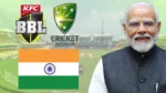Indian Prime Minister Narendra Modi pictured alongside the Big Bash League (BBL) and Cricket Australia logos over M.A. Chidambaram Stadium, with the Indian flag displayed.