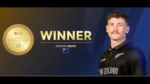New Zealand all-rounder Nathan Smith after being named the ICC Men's Player of the Month for June 2026, with the award graphic and medal displayed.
