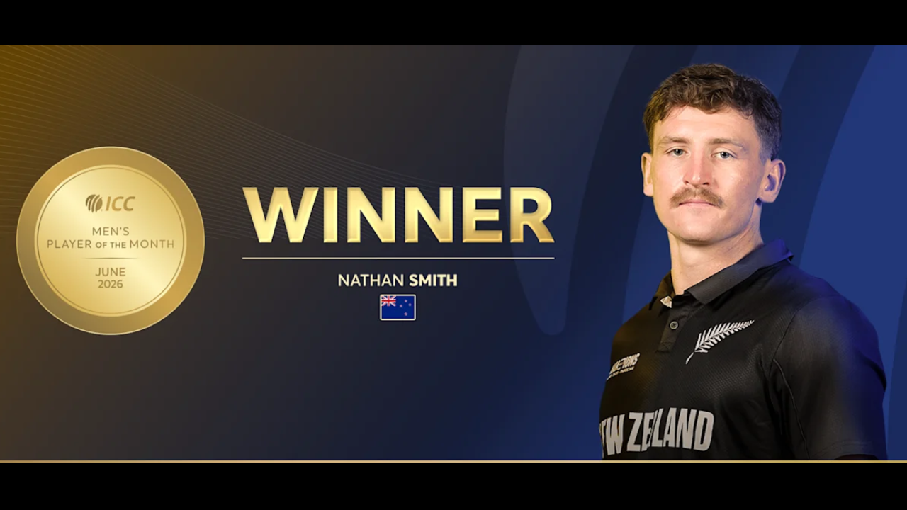 New Zealand all-rounder Nathan Smith after being named the ICC Men's Player of the Month for June 2026, with the award graphic and medal displayed.
