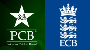 Logos of the Pakistan Cricket Board (PCB) and the England and Wales Cricket Board (ECB), representing the governing bodies of cricket in Pakistan and England.