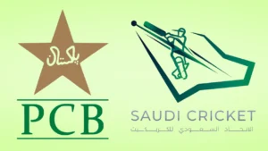Pakistan Cricket Board (PCB) logo alongside the Saudi Cricket Federation logo, representing cricket relations and cooperation between Pakistan and Saudi Arabia.