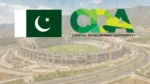 Pakistan flag and Capital Development Authority (CDA) logo displayed above a cricket stadium under construction, illustrating infrastructure development and sports venue projects in Pakistan.