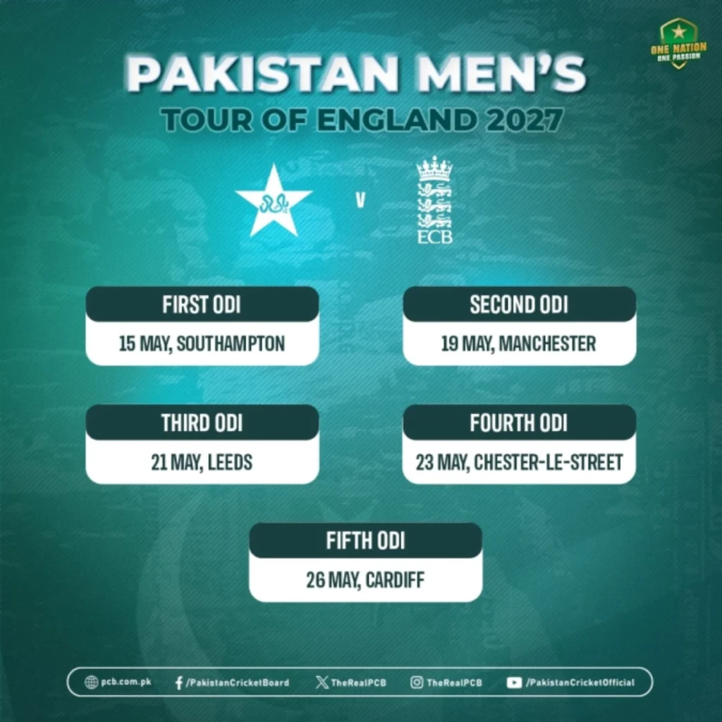 Pakistan men's ODI tour of England 2027 schedule graphic showing the five-match series against England, with fixtures in Southampton, Manchester, Leeds, Chester-le-Street, and Cardiff.