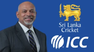 Prakash Schaffter pictured alongside the Sri Lanka Cricket and ICC logos, representing his association with Sri Lanka Cricket and international cricket administration.