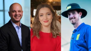 Portraits of Prashant Khanna, Sophie Ball and Peter George, three cricket officials featured in a cricket administration announcement.